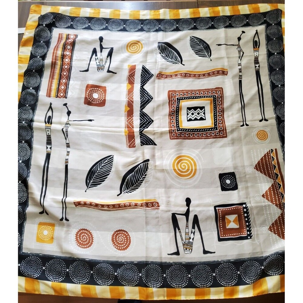 Vintage Scarf Tribal Abstract Print Black Beige Gold Border Italy 34" x 34" Flaw